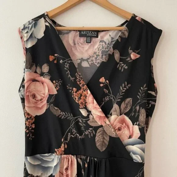 NEW Artizan Robin Barre Black Pink Floral Crop Stretch Jumpsuit Size Large (2D) - Picture 5 of 6